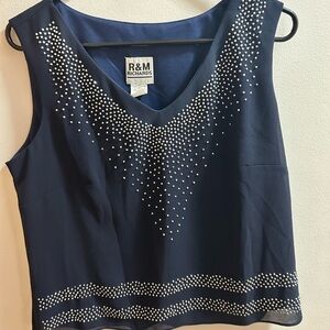 R&M Richards Women Navy Blue Embellished V-Neck Sleeveless‎ Tank Top Size 12